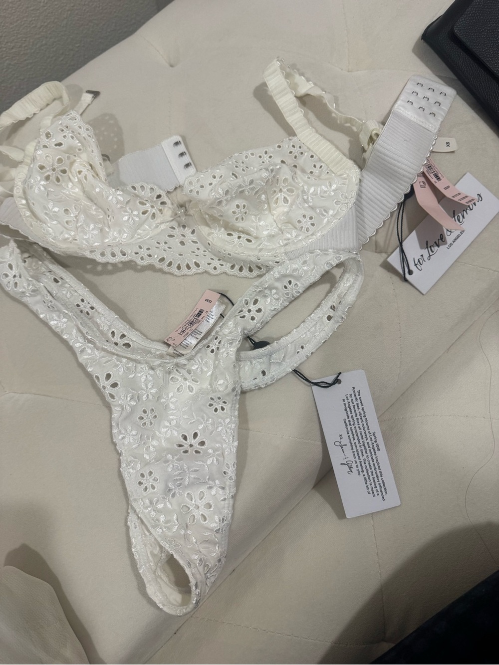 For Love And Lemons Cream Floral Eyelet Lace Bra & Thong Set